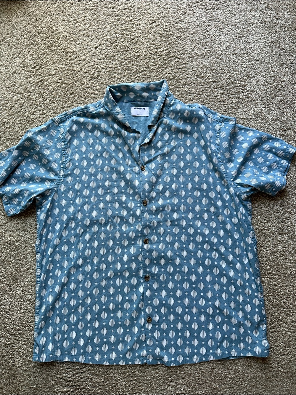 Old Navy Blue Short-Sleeve Button-Up with White Geometric Print